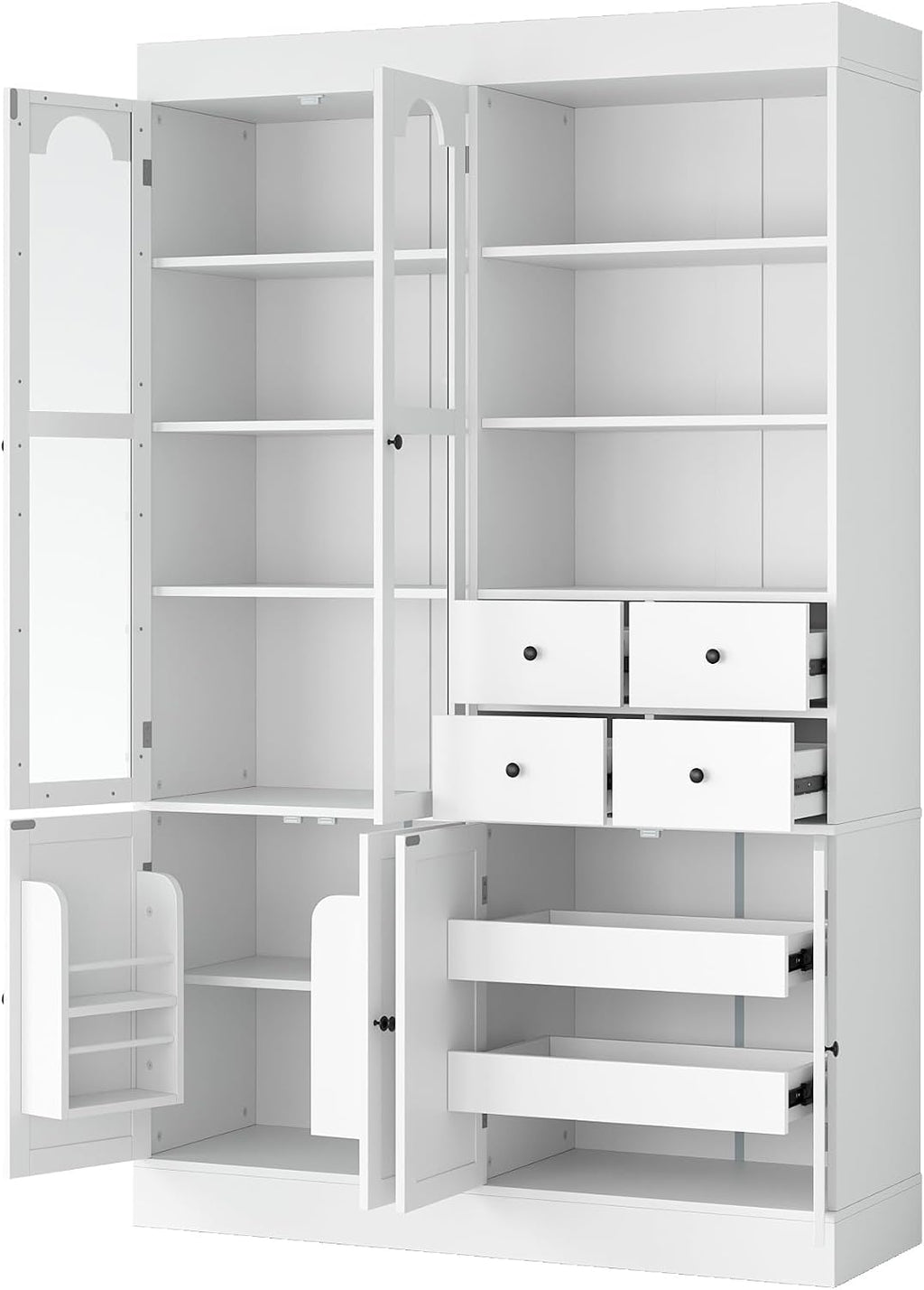Freestanding Tall Kitchen Pantry Cabinet with 4 Drawers, Door Shelves and Pull-Out Trays, Wood Buffet Cabinet with Hutch with Hutch (White)