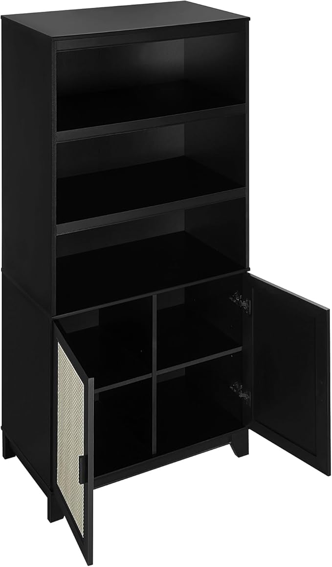 Manhattan Comfort Sheridan Modern Cane Bookcase with Adjustable Open Shelves, Soft Close Doors, and Concealed Compartments, Versatile 3 Tier Bookshelf Storage for Home and Office, Set of 1, Black