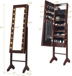 Giantex Standing Jewelry Armoire with 18 LED Lights Around the Door, Large Storage Mirrored Jewelry Cabinet with Full Length Mirror, 16 Lipstick Holders, 1 Inside Makeup Mirror (Brown)