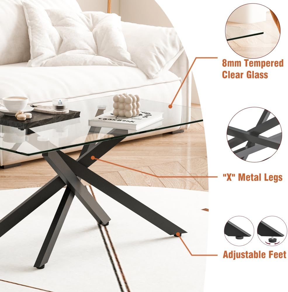 39.37-Inch Glass Coffee Table, Clear Tempered Top with Black Metal Legs | Rec...