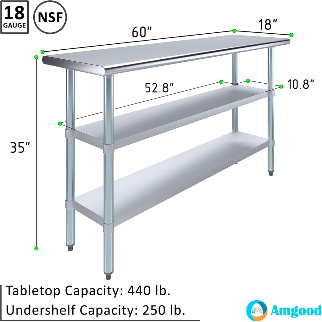 AmGood Stainless Steel Work Table with 2 Shelves | NSF | Metal Utility Table (60" Long x 18" Deep)