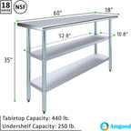 AmGood Stainless Steel Work Table with 2 Shelves | NSF | Metal Utility Table (60" Long x 18" Deep)