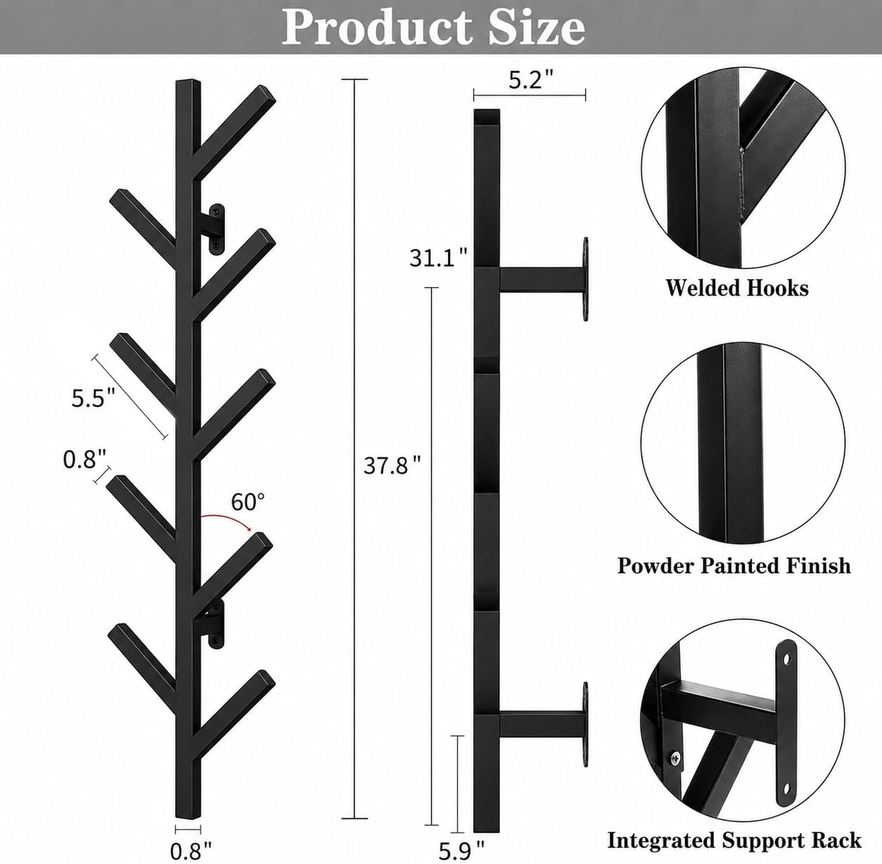 Vlush Wall Mounted Metal Coat Rack with 9 Hooks Modern Minimalist & Upright Coat Rack for Hanging Clothes, Hats, Hanging Bags and Scarves Entrance Wall Iron Coat Racks (Black)