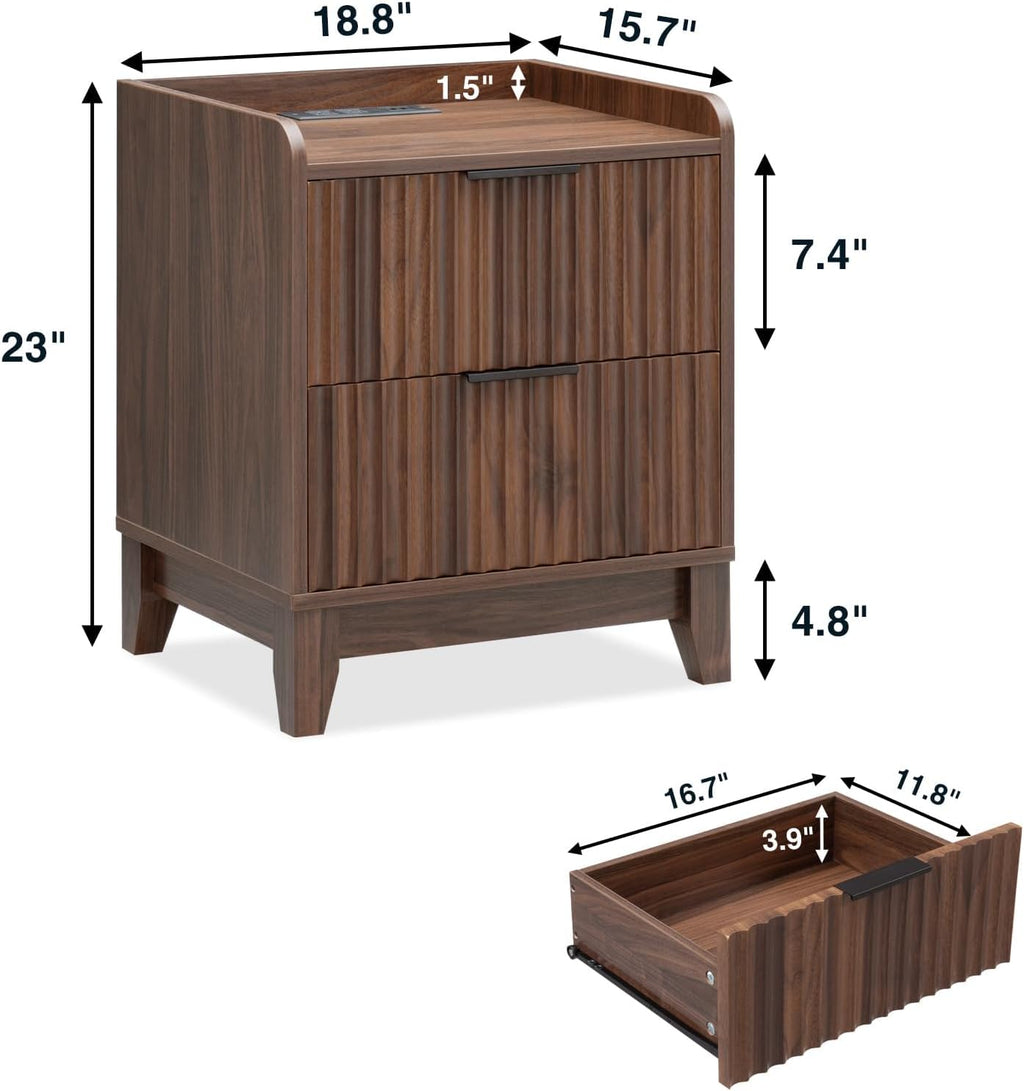 Wnutrees Fluted Nightstand with Charging Station, Modern Bedside Table with 2 Drawers, Farmhouse Wooden End Side Table for Living Room, Brown