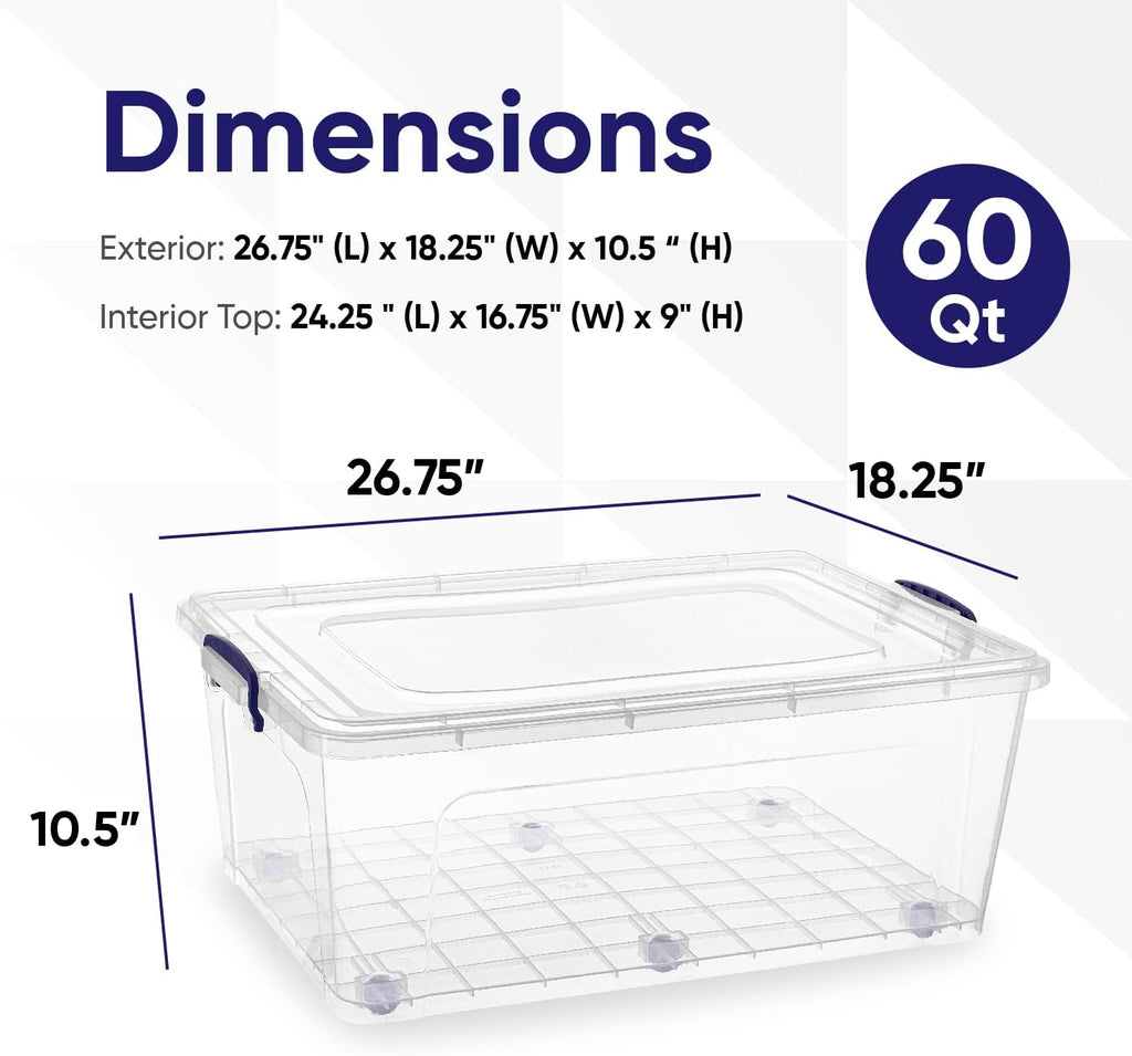 Superio Storage Bins with Lids- Clear Boxes for Organizing, Stackable Plastic Containers- BPA Free, Non-Toxic, Odor Free, Organizer for Home, Office, Dorm (6 Pack, 60 Qt (Wheeled))