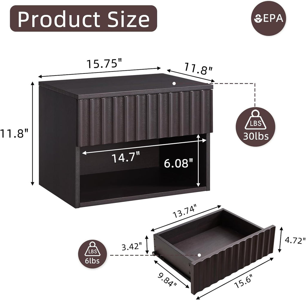 Floating Nightstand with Fluted Drawer - Modern Wall Mounted Bedside Table with Open Storage Shelf, Small Night Stand TV Stand for Bedroom(Espresso)