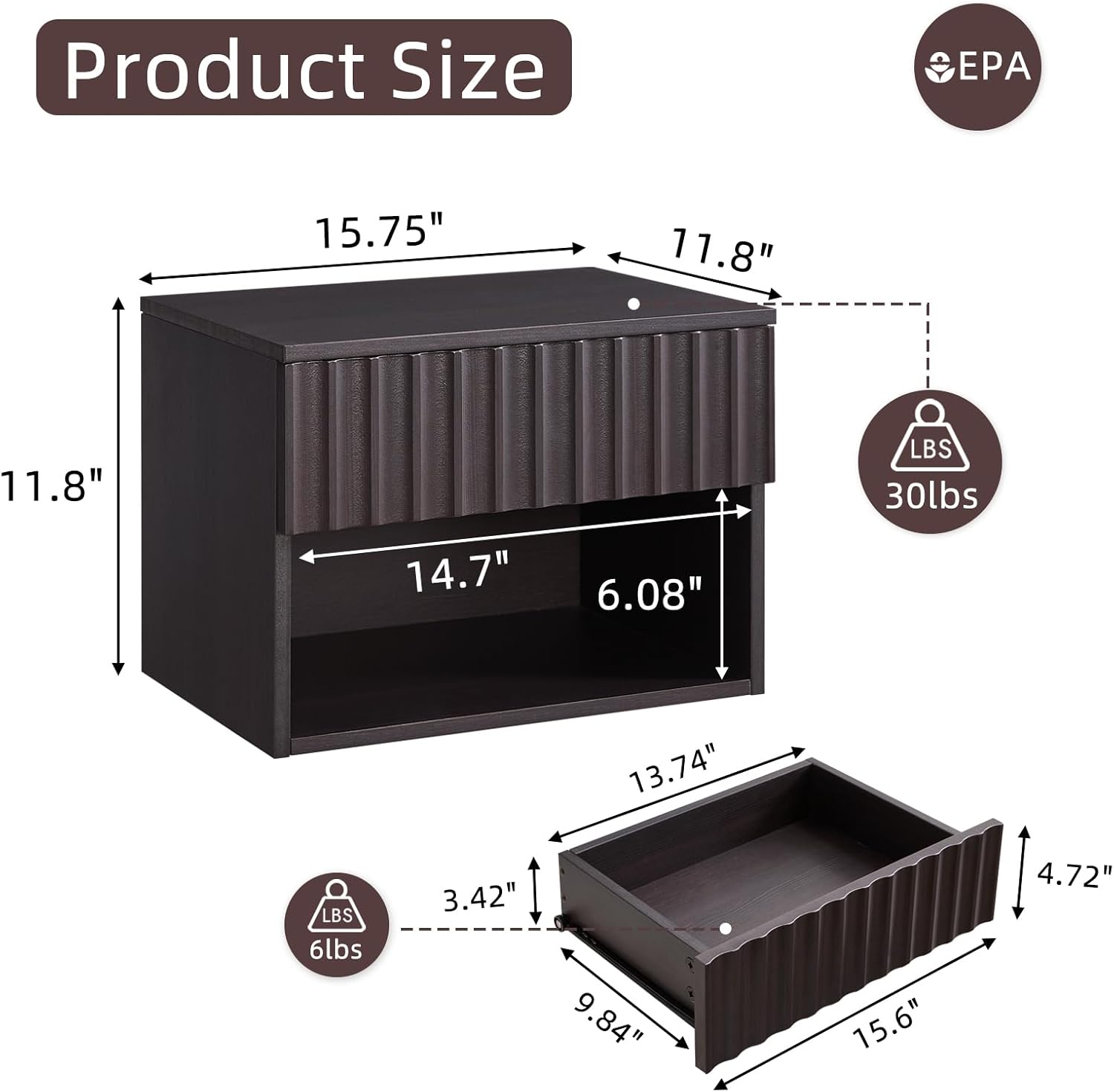 Floating Nightstand with Fluted Drawer - Modern Wall Mounted Bedside Table with Open Storage Shelf, Small Night Stand TV Stand for Bedroom(Espresso)