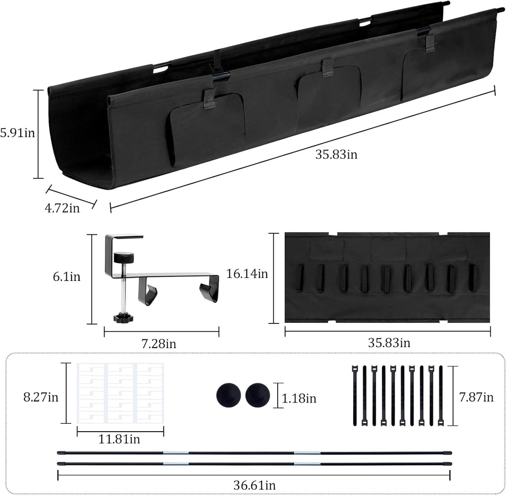 No Drill Under Desk Cable Management Tray, 35.8 Standing Desk Cable Management with Clamp Mount Cable Holder, Fabric Wire Cord Organizer for Office Home Workstations, Black