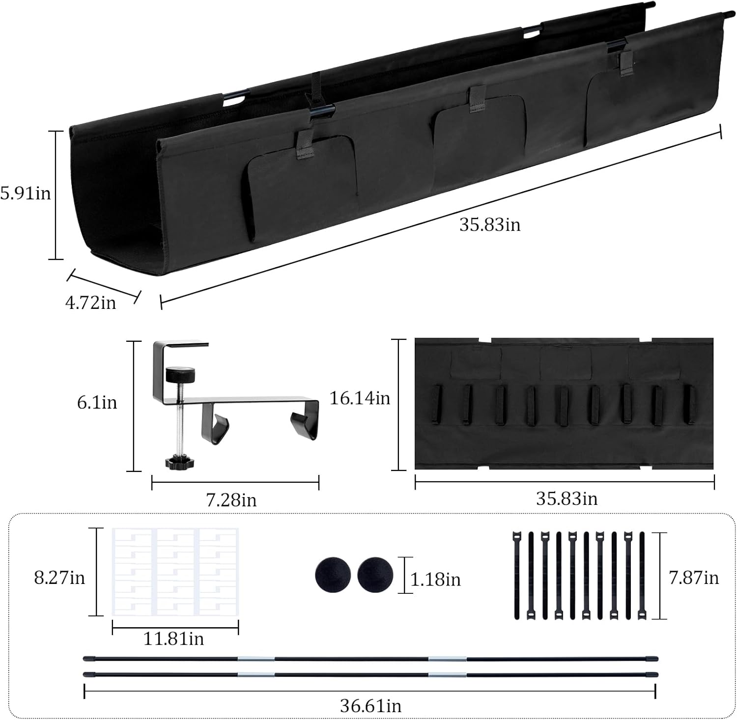 No Drill Under Desk Cable Management Tray, 35.8 Standing Desk Cable Management with Clamp Mount Cable Holder, Fabric Wire Cord Organizer for Office Home Workstations, Black