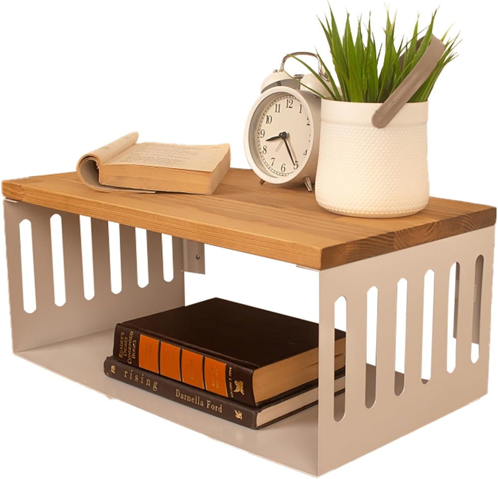 Floating Nightstand with White Metal Base, Wooden Top and Sturdy Metal Base, ...