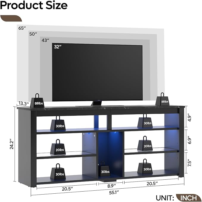 Bestier LED Tall Entertainment Center for 55/60/65 inch TV, TV Stand with Storage for PS4 Xbox, Adjustable Shelf Media Console for Living Room, Black Marble