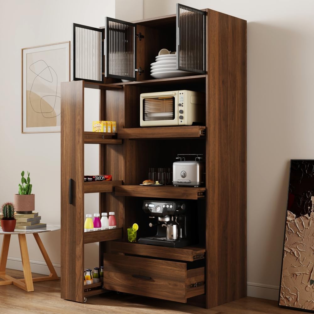 Modern Kitchen Pantry Cabinet with Glass Door, Walnut, 70.87" Tall Stora...