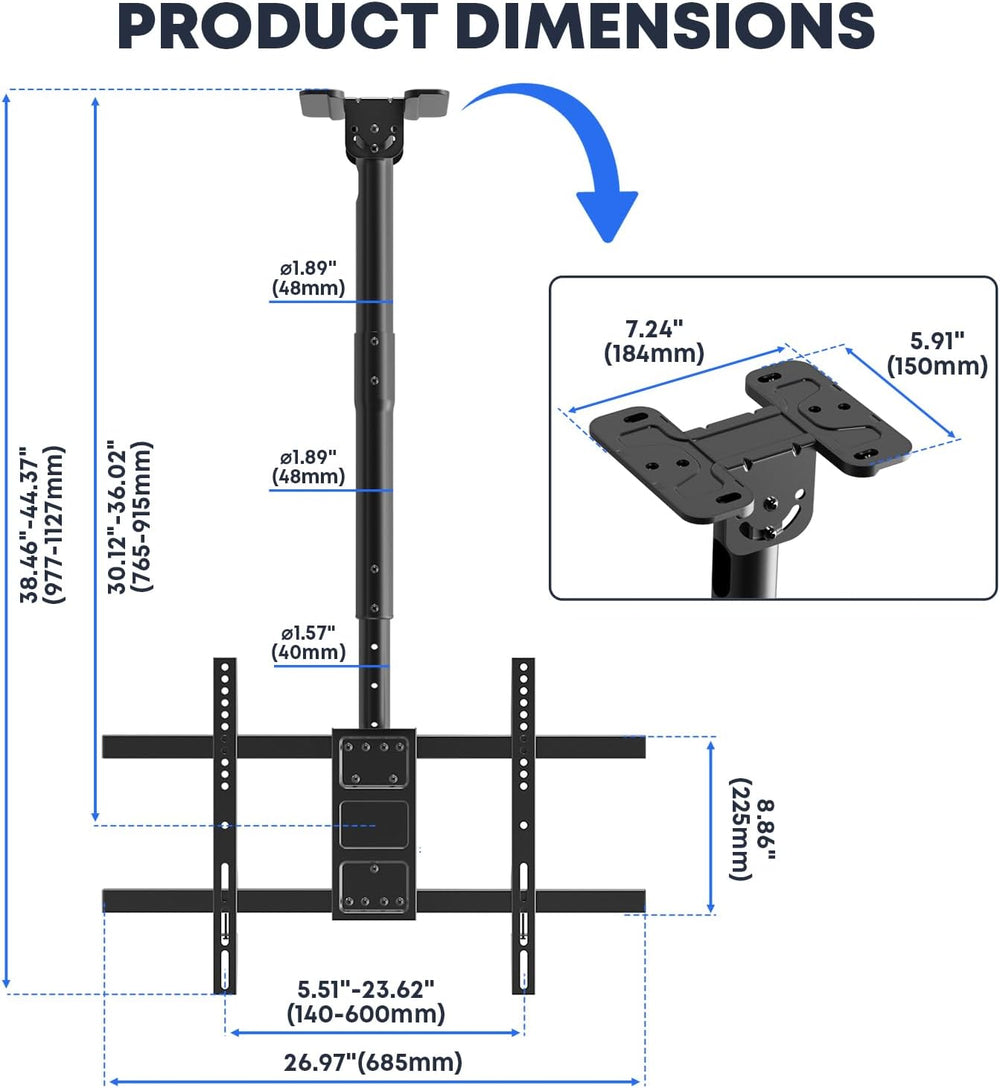 TV Ceiling Mount for Most 43-86 inch TV up to 132lbs, Adjustable Height Ceili...