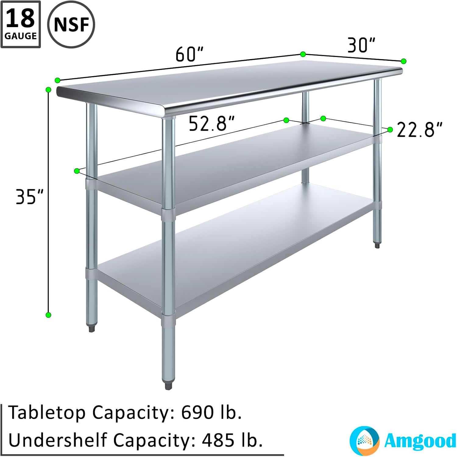 AmGood Stainless Steel Work Table with 2 Shelves | NSF | Metal Utility Table (60" Long x 30" Deep)