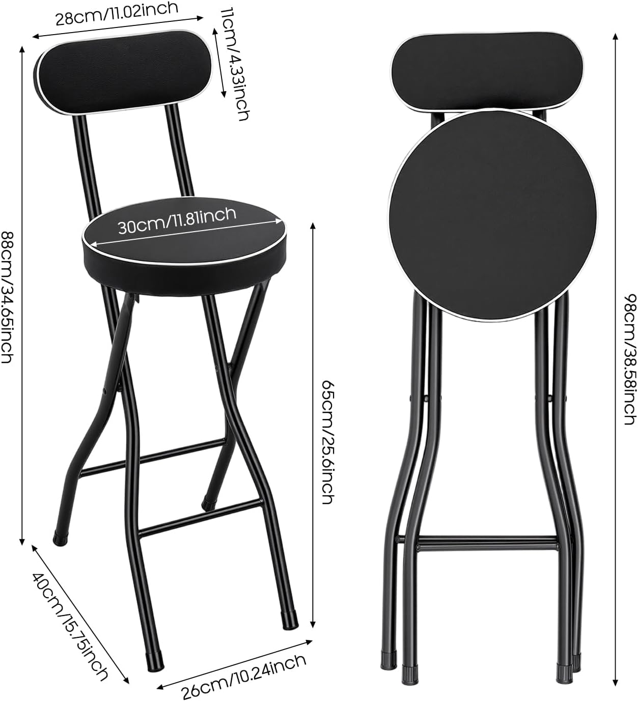 2PCS Cushioned Folding Stool, 25.6 Inch Portable Bar Stools, Counter Height Foldable Chairs, Black Height Heavy Duty Portable Chair Stool for Kitchen Garden Camping Cafe