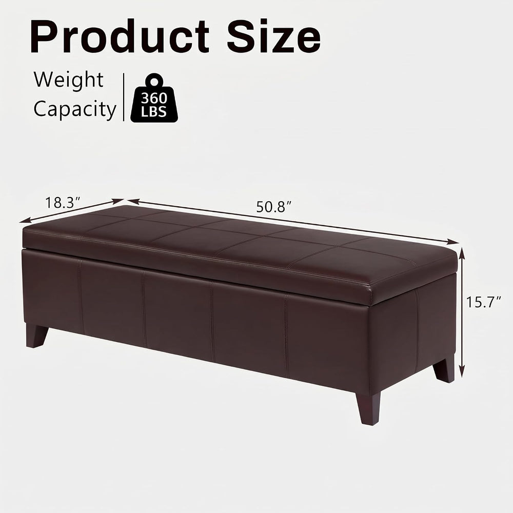 51" Coffee Brown Faux Leather Storage Ottoman | Foot Rest with Hinged Li...