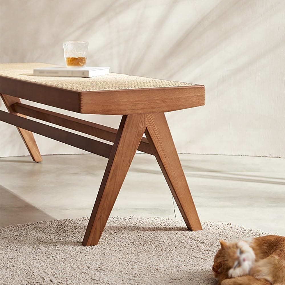 Entryway Stool Rattan Wooden Shoe Bench Bedroom Bedside Bench Wabi-sabi Style...