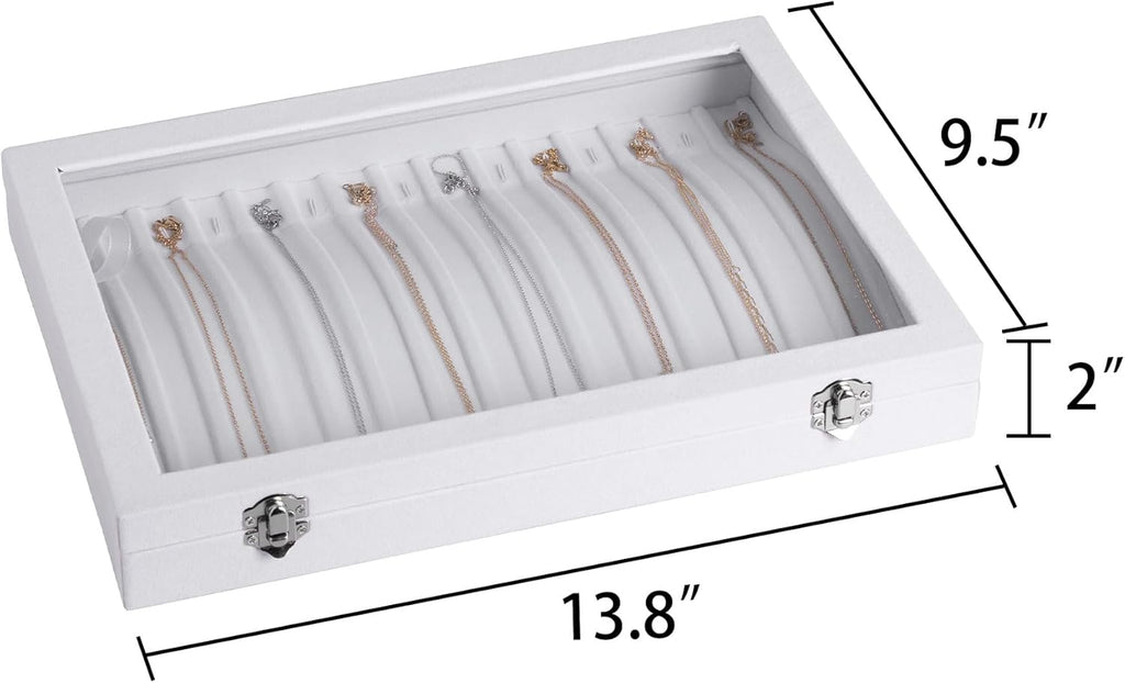 Frebeauty 15 Hooks Necklace Tray,Neckalce Organizer with Clear Lid,Velvet Necklace Holder Box,Jewelry Organizer for Pendants Chains,13.8x9.5x2 inches Necklace Jeweley Tray for Women(White)