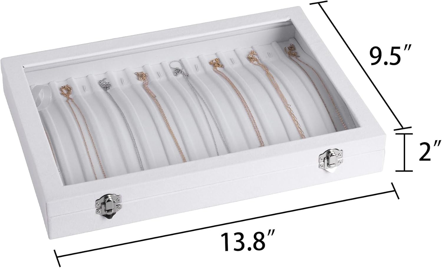 Frebeauty 15 Hooks Necklace Tray,Neckalce Organizer with Clear Lid,Velvet Necklace Holder Box,Jewelry Organizer for Pendants Chains,13.8x9.5x2 inches Necklace Jeweley Tray for Women(White)