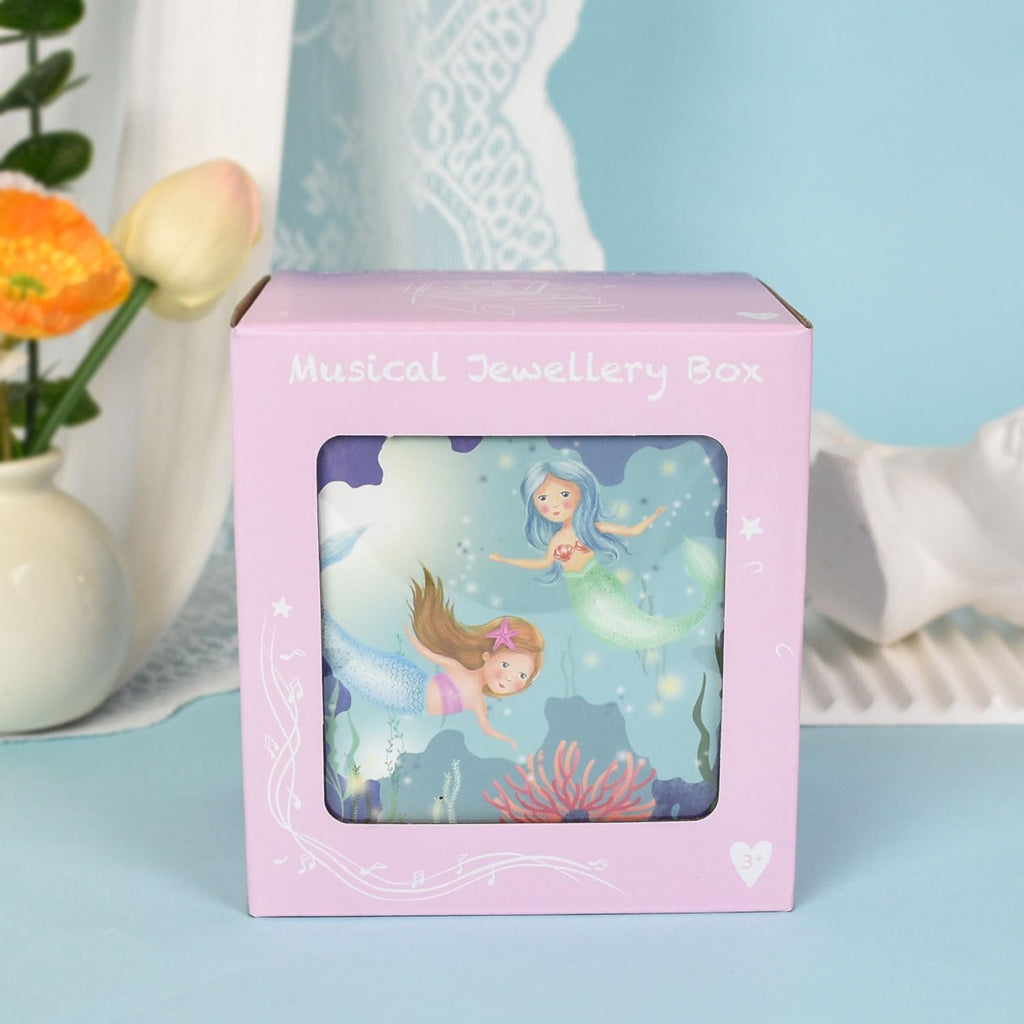 Mermaid Music Box for Girls - Little Mermaid Jewelry Box with Rotating Figurine, Storage Drawer, & Beautiful Dreamer Melody | Ocean Theme Design, 4.13x4.13x3.35 Inches | Musical Jewelry Box