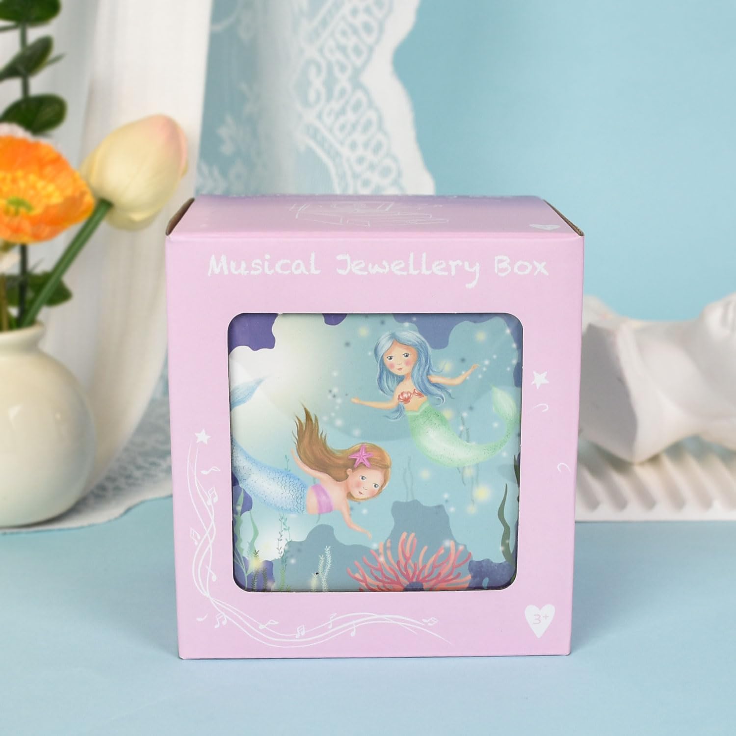 Mermaid Music Box for Girls - Little Mermaid Jewelry Box with Rotating Figurine, Storage Drawer, & Beautiful Dreamer Melody | Ocean Theme Design, 4.13x4.13x3.35 Inches | Musical Jewelry Box