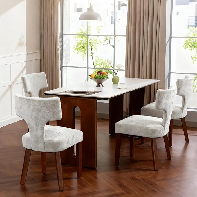 Soft Padded Dining Chairs Set of 4, Modern Farmhouse Upholstered Chairs with Linen Fabric & Rubber Wood Legs, Ergonomic Armless Seats for Dining Room Kitchen Living Room (Beige)