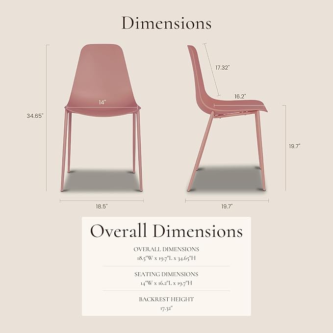 Poly & BARK Isla Modern Kitchen Chairs Set of 4 - Plastic Dining Chair with Metal Legs - Quick Assembly Simple Cafe Chairs Plastic for Indoor or Outdoor - Blush Pink