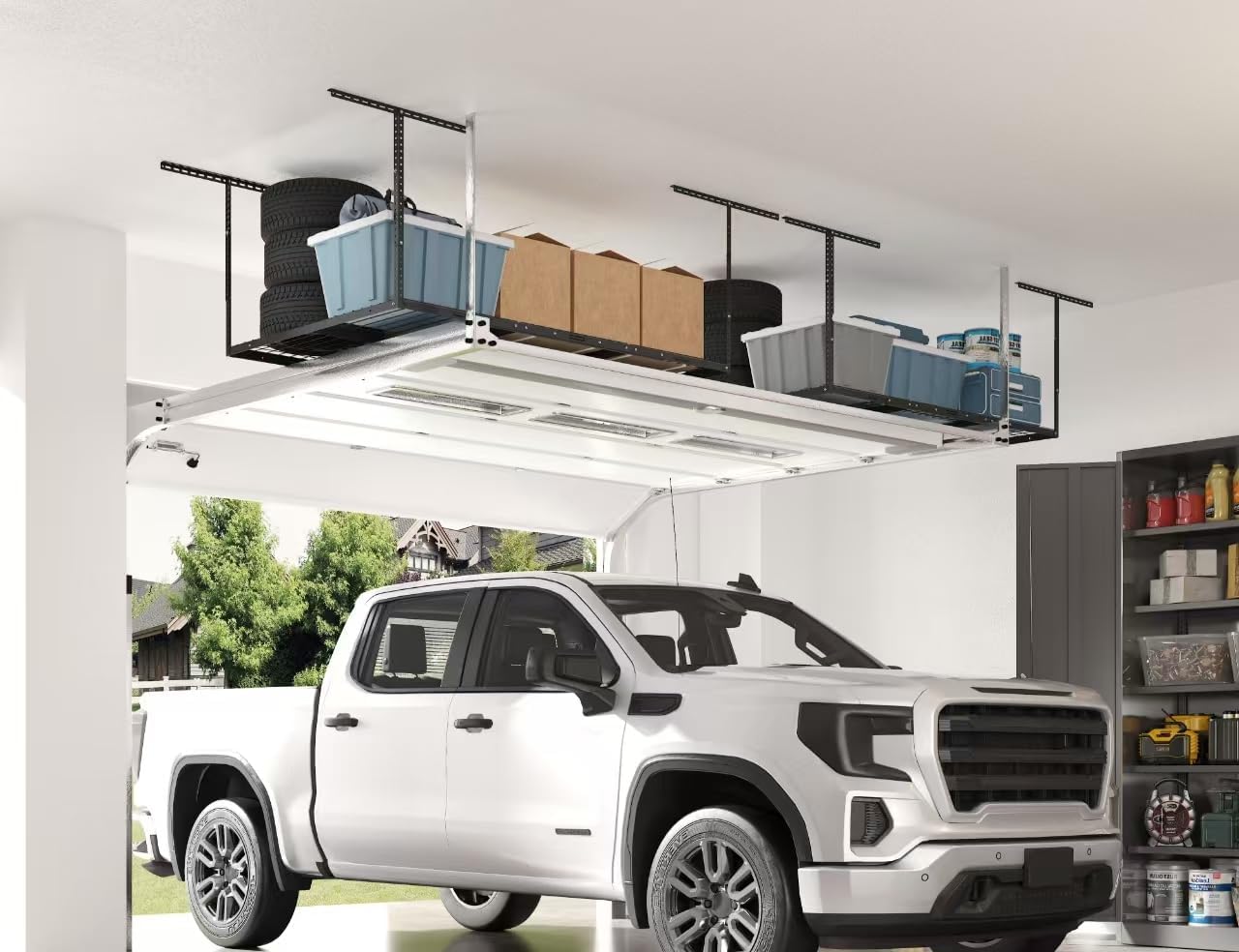 FLEXIMOUNTS 4x6 Overhead Garage Storage Adjustable Ceiling Rack 72" Length x 48" Width x 40" Height, 450lbs Weight Capacity, Black, Classic Series