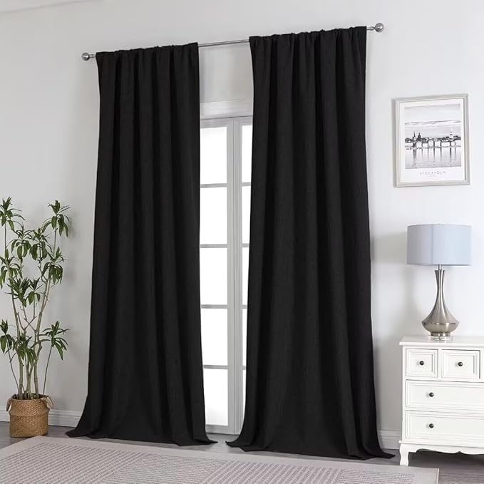 Joydeco Natural Linen Curtains 90 inch Length 2 Panels Set Burg 100% Blackout Patio Door Curtain Room Darkening Sliding Door Curtains Thermal Insulated Back tab Rod Pocket(105x90 inch, Black)