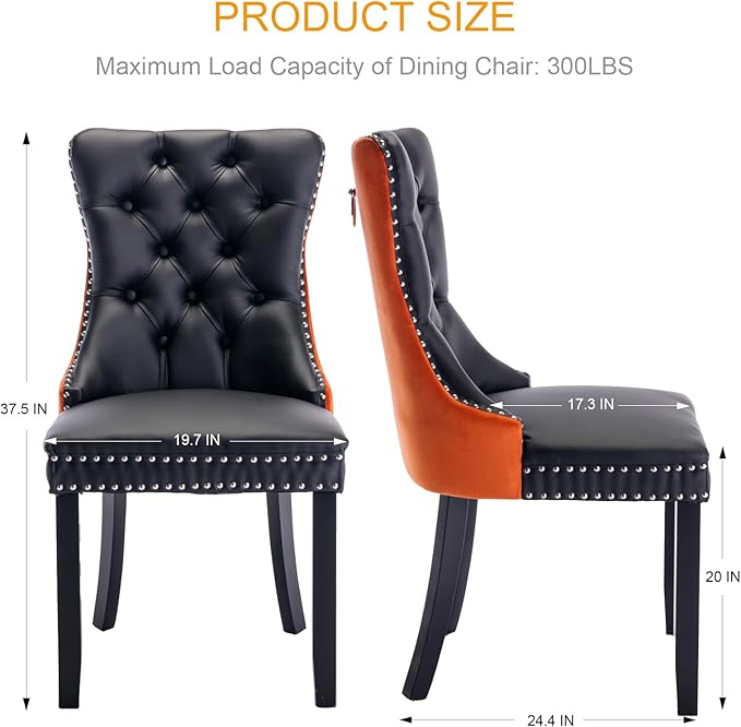 Dining Room Chairs Set of 4, Upholstered Tufted Dining Chairs with High Back, Nailhead Trim and Solid Wood Legs, Modern Dinning Chairs for Dining Room, Black Pu Leather Splicing Orange Velvet
