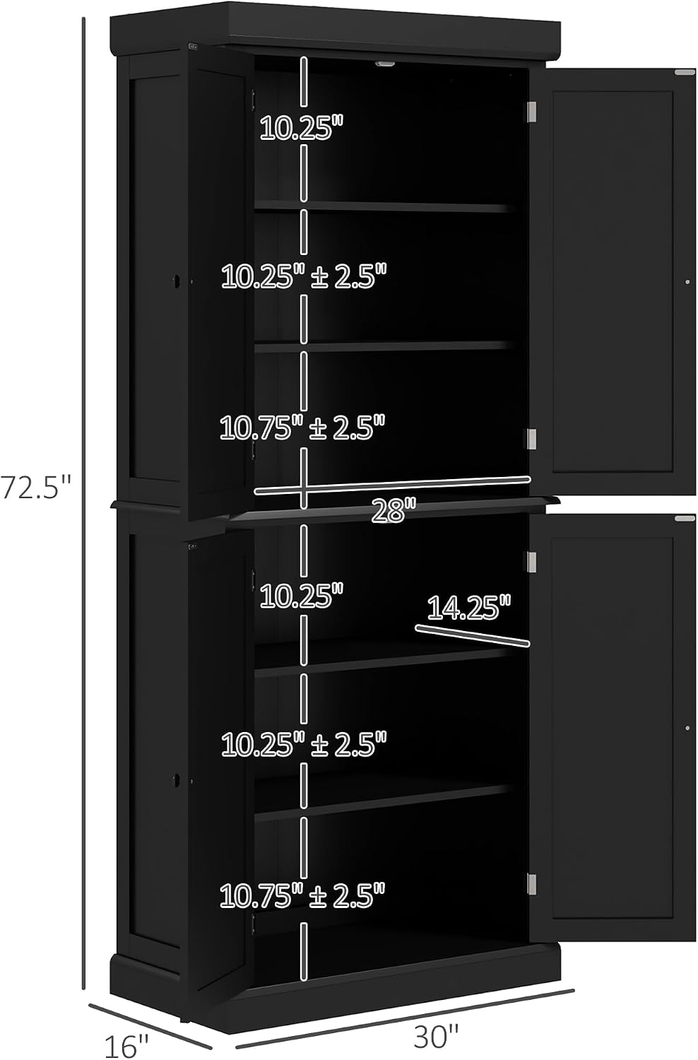 30" D*16" W*72.5" H Freestanding Kitchen Pantry with 4 Adjusta...