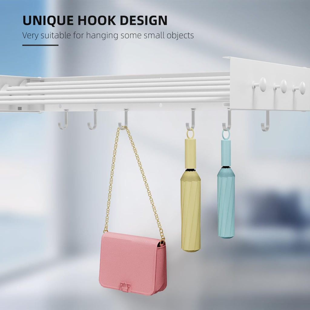 Drying Rack Clothing,Clothes Drying Rack Wall Mounted,Laundry Drying Rack Wall Mount,Foldable,Collapsible,60 lb Capacity 5 Aluminium Poles with 12 Hooks,Space Saving Clothes Drying Rack,White 40"