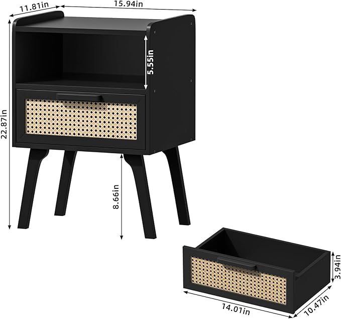 Lerliuo Rattan Nightstand, Bedside Table with Drawer Open Shelf, Cane Accent ...