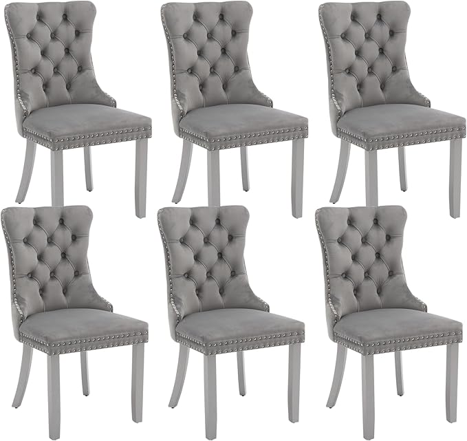 Velvet Dining Chairs Set of 6, Kitchen & Dining Room Chairs, Upholstered Dining Chairs with Back Ring Pull and Silver Solid Wood Legs, Modern Tufted Kitchen Chairs for Dining Room, Light Grey