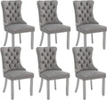 Velvet Dining Chairs Set of 6, Kitchen & Dining Room Chairs, Upholstered Dining Chairs with Back Ring Pull and Silver Solid Wood Legs, Modern Tufted Kitchen Chairs for Dining Room, Light Grey