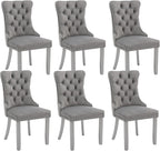 Velvet Dining Chairs Set of 6, Kitchen & Dining Room Chairs, Upholstered Dining Chairs with Back Ring Pull and Silver Solid Wood Legs, Modern Tufted Kitchen Chairs for Dining Room, Light Grey