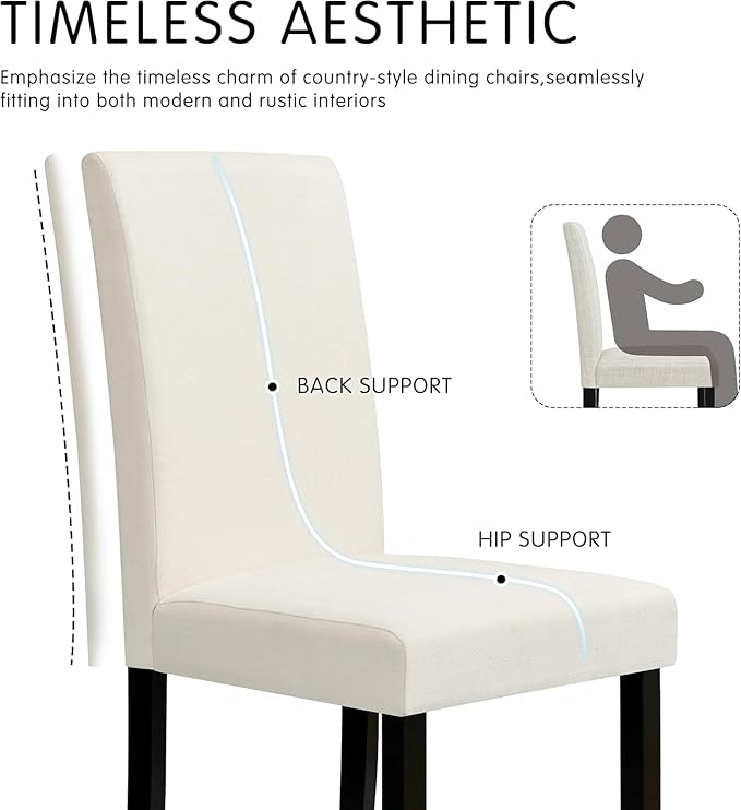 CHUN YI Upholstered Dining Chairs Set of 4, Fabric Dining Room Chairs with Solid Wood Legs, Modern Parson Chairs for Kitchen, Restaurant, Hotel, Ivory White