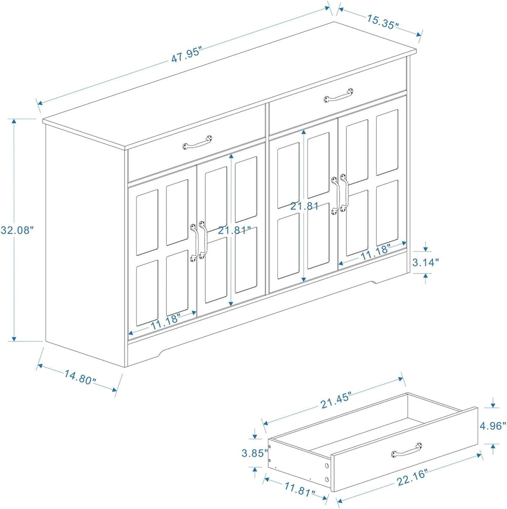 Farmhouse Buffet Cabinet Storage Sideboard, with 2 Drawers and 4 Doors, for D...