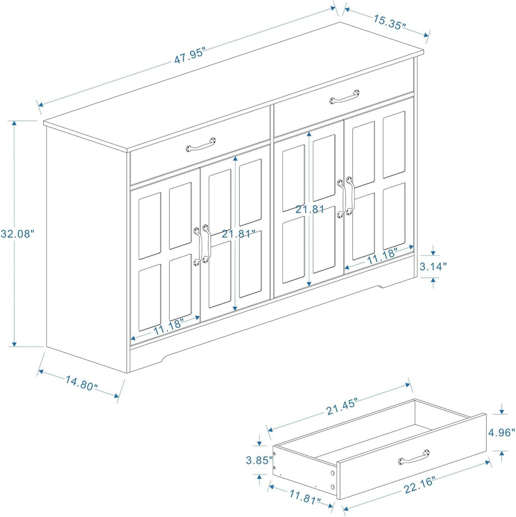 Farmhouse Buffet Cabinet Storage Sideboard, with 2 Drawers and 4 Doors, for Dining Living Room Kitchen,for Kitchen Home