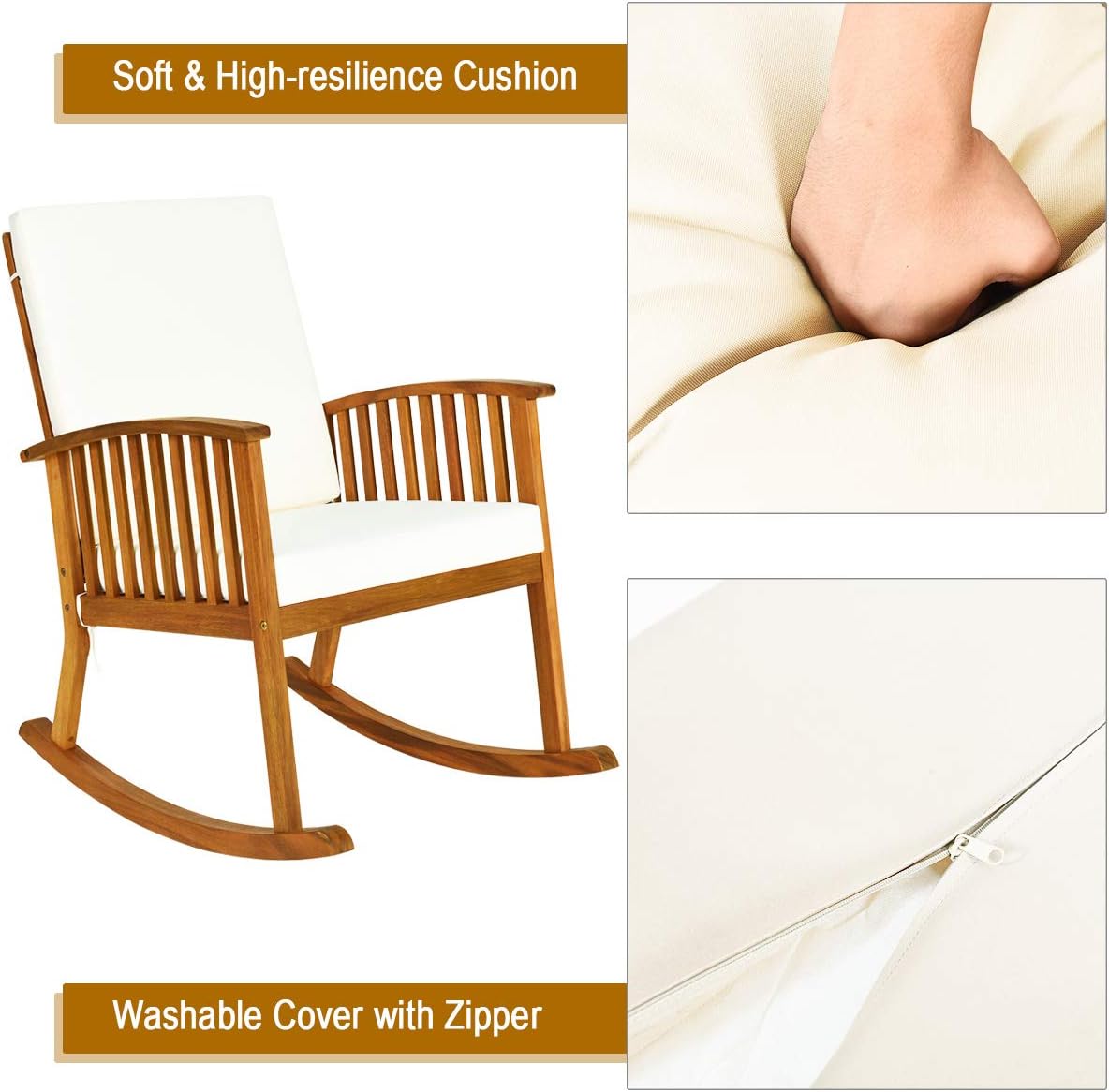 Tangkula 2 PCS Outdoor Acacia Wood Rocking Chair, Wooden Rocker w/Detachable Washable Cushions, Rocker for Porch Garden Patio Balcony Pool Indoor (2, Teak)