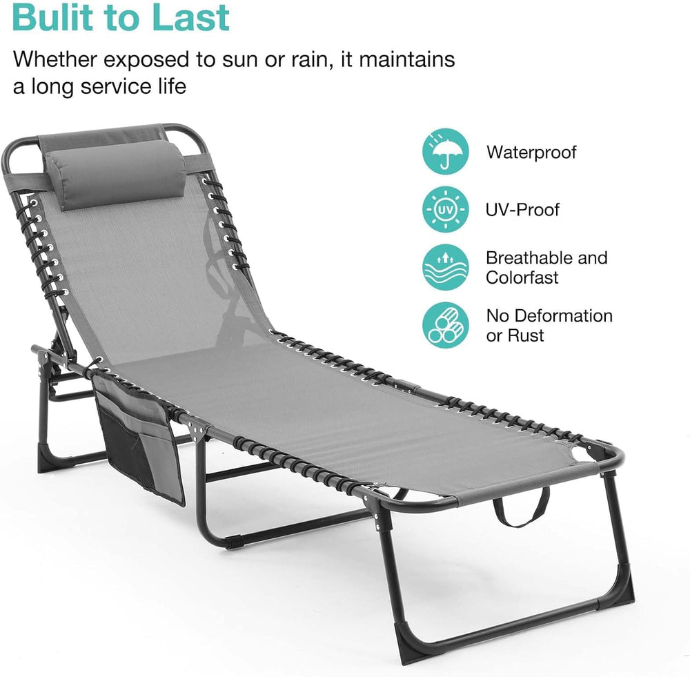 Gray Lounge Chairs for Outside, Folding Beach Lounger with Carrying Handle an...