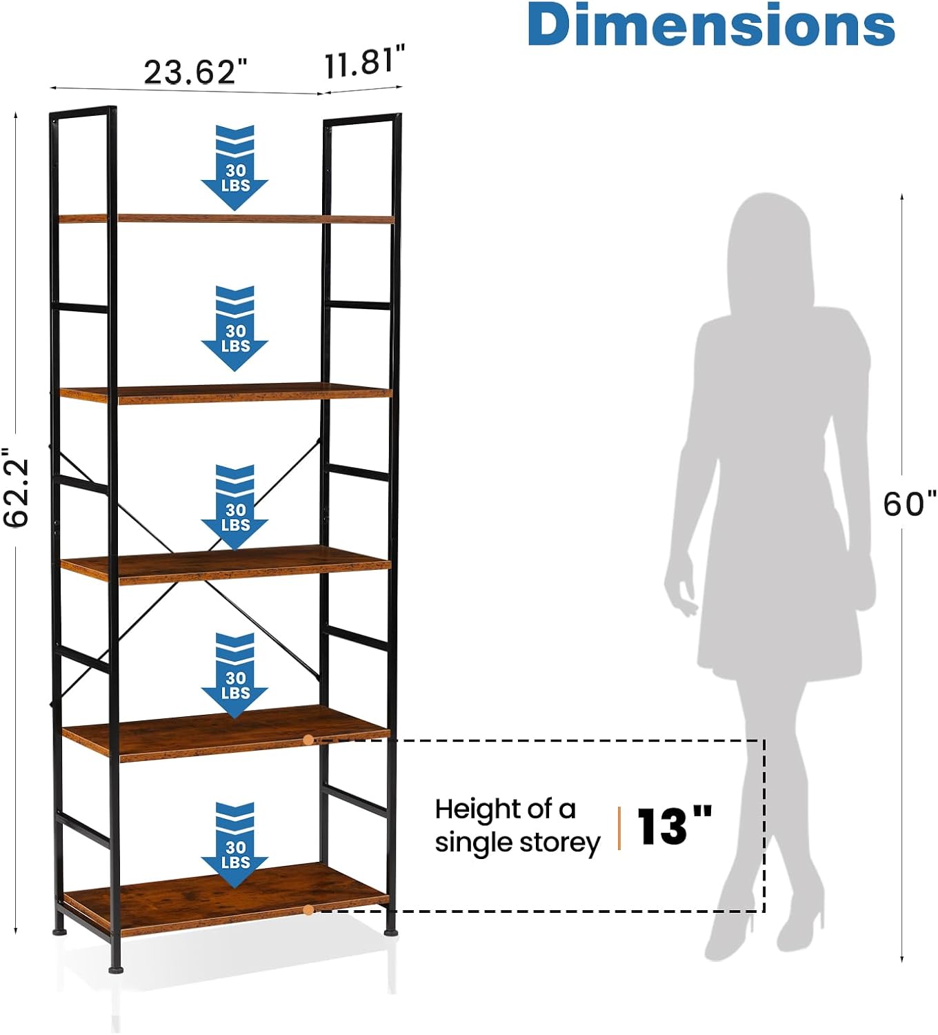 DUMOS 5 Tiers Bookshelf, Classical Modern Book Shelf, Tall Display Shelves in Living Room/Home/Office, Storage Organizer for CDs/Books/Movies, Rustic Brown