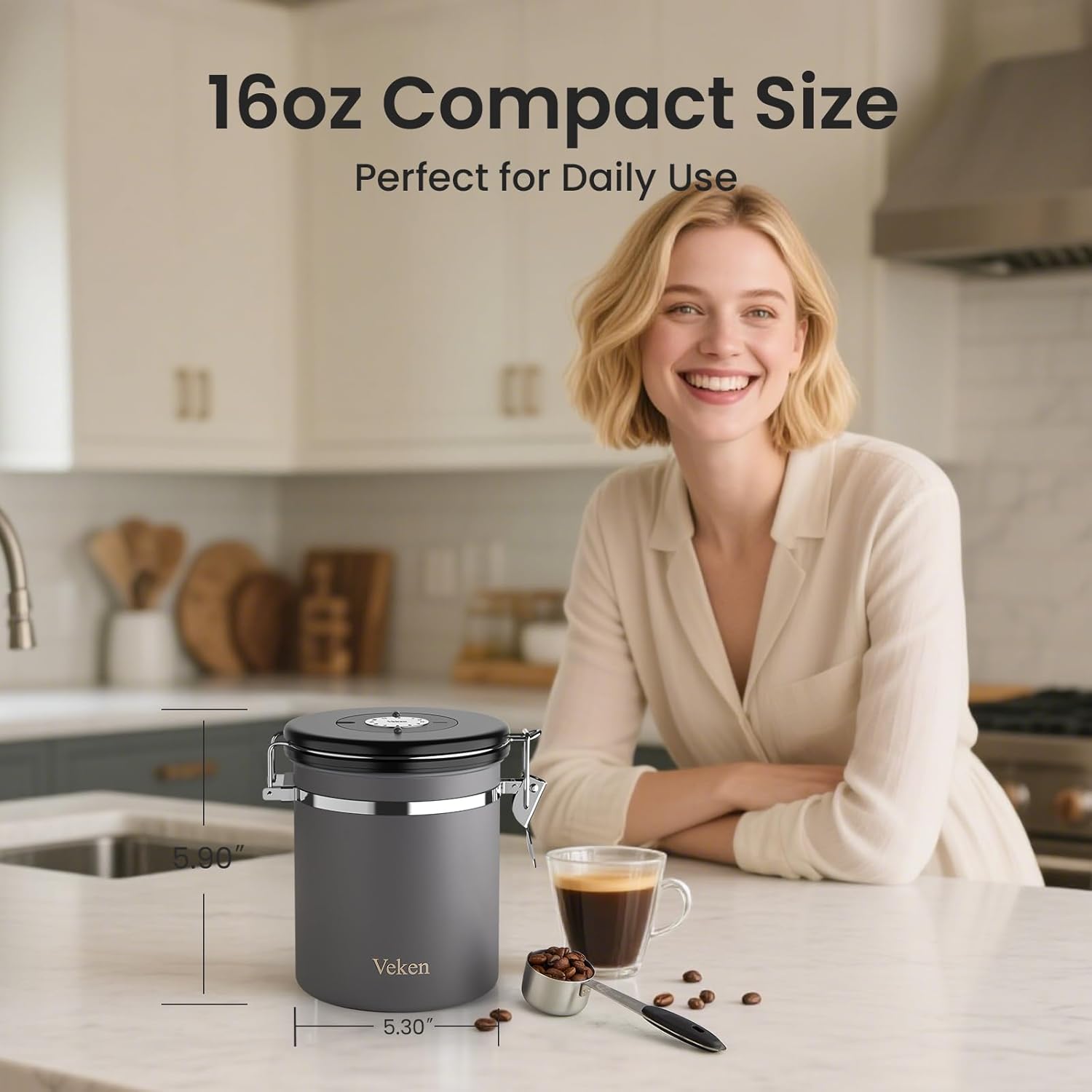 Veken Coffee Canister, Airtight Stainless Steel Kitchen Food Storage Container with Date Tracker and Scoop for Beans, Grounds, Tea, Flour, Cereal, Sugar, 16OZ, Gray
