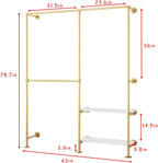 Gold Pipe Clothes Racks with White Shelves, Industrial Pipe Gold Clothing Rack with Double Hanging Rods, Heavy Duty Wall Mounted Clothing Rack Rod for Closet Storage, Bedroom