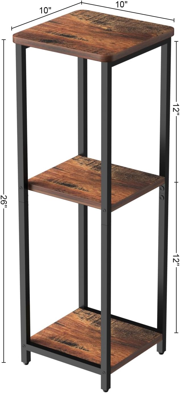 10" Wide Square Drink Table with Adjustable Feet - 3-Tier Small Side Table for Apartments, Balcony & Office | Space-Saving, Lightweight & Multi-Functional (Plants, Books, Drinks, Brown)