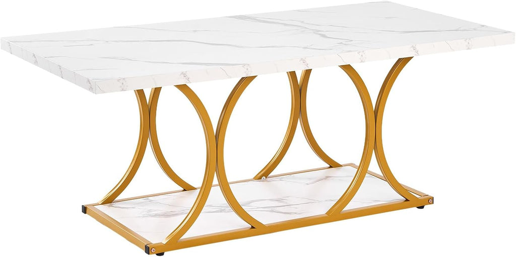 VEVOR Coffee Table, Modern Faux Marble Coffee Table, Large 2-Tier Rectangle Center Desk with Geometric Legs, Minimalist Sturdy Metal Frame Accent End Desk for Living Room, Office, Easy Assembly, White