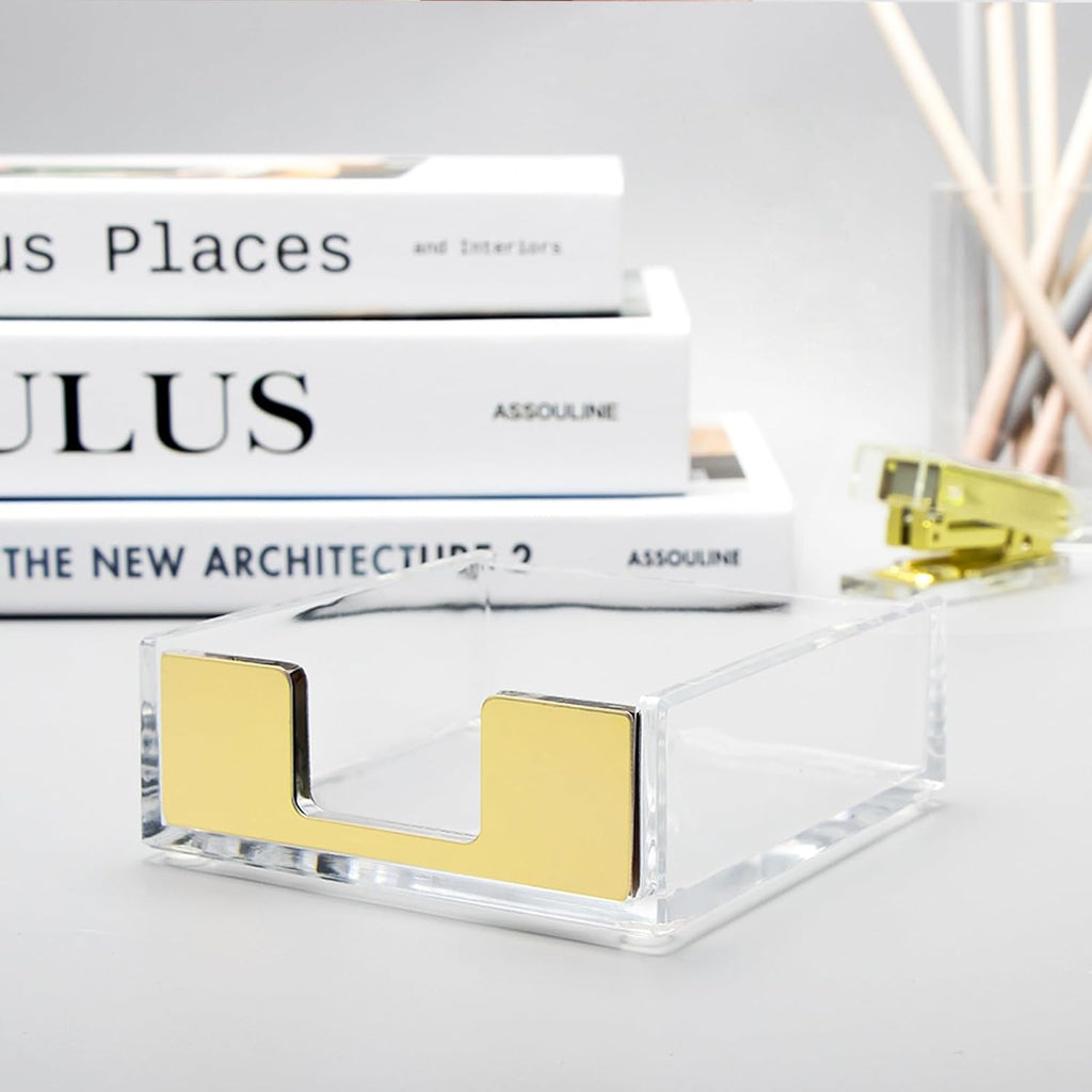 NatSumeBasics Gold Sticky Note Holder Clear Acrylic Yellow Post Note Pad Holders Memo Dispenser Case for Desk Office School Aesthetic Supplies Accessories (Pure Gold)