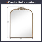 Antique Baroque Gold Mirror, 24” x 36” Vintage Vanity Mirror for Fireplace Mantel, Arch Bathroom Mirror for Wall with Ornate Metal Frame for Entryway Bedroom Living Room