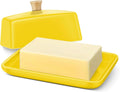 Flexzion Ceramic Yellow European Butter Dish with Lid for Countertop (7 Inch) - Wide 2 Stick Double Butter Holder for Counter, Cream Cheese Container Storage Keeper