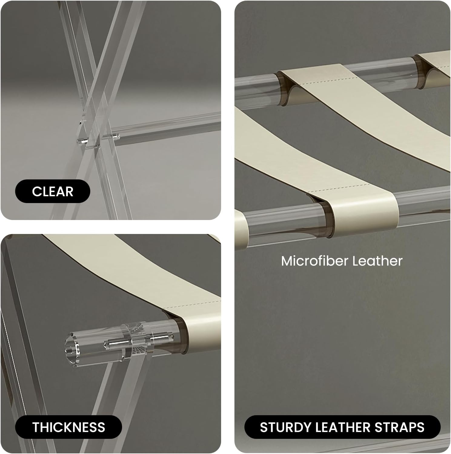 Sumerflos Acrylic Luggage Rack for Guest Room - Foldable Suitcase Stand with Leather Straps for Bedroom Living Room Hotel Heavy-Duty, Holds up to 50-100 lb lightweight Space Saving, Beige, 1 Pack